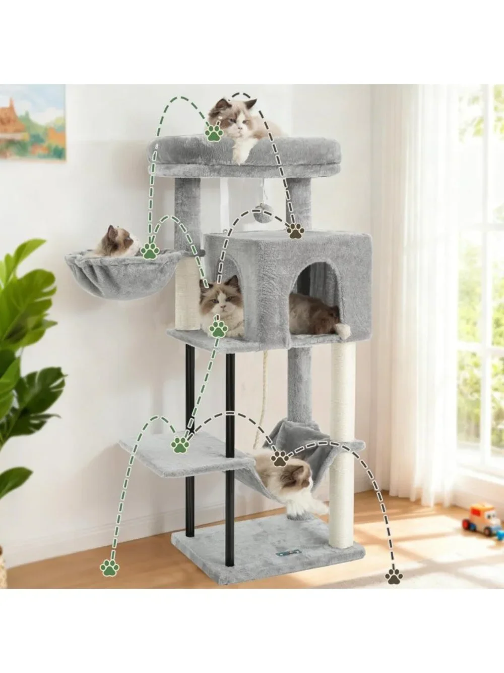 Cozy 43.3'' Cat Tree Tower with Hammock, Scratching Post & Large Platform, Light